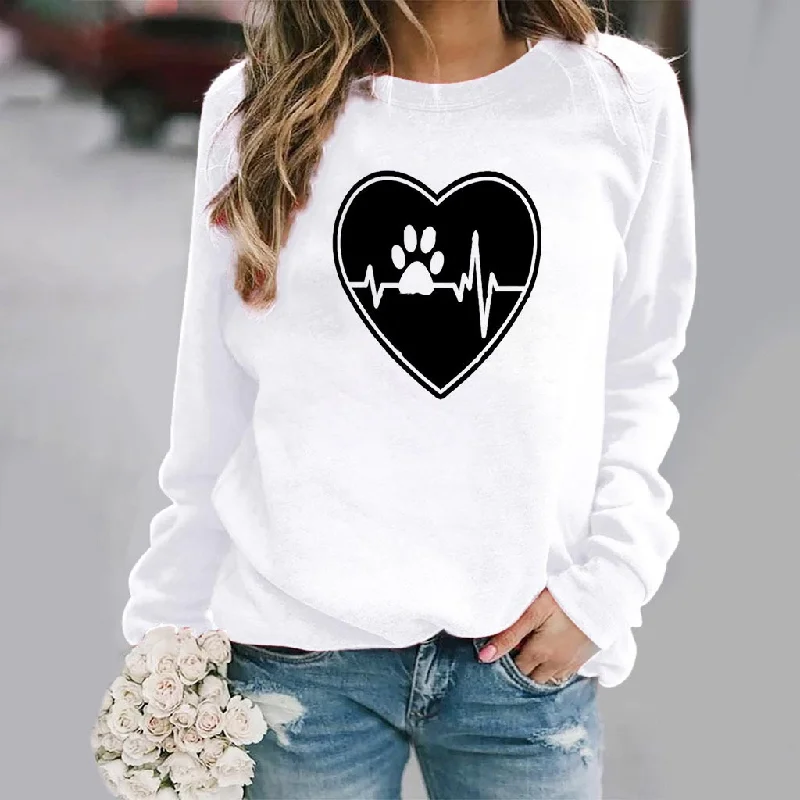 Fashion Women Casual Long Sleeves Round Neck Footprint Heart Print Sweatshirt Hoodie with Lining Warm Insulated Fashion Women Casual Long Sleeves Round Neck Footprint Heart Print Sweatshirt Hoodie with Lining Warm Insulated