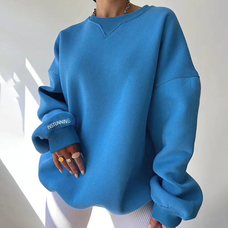 Fashion Women Round Neck Solid Color Loose Long-Sleeved Casual Sweatshirt Hoodie with Hem Lace Feminine Delicate Fashion Women Round Neck Solid Color Loose Long-Sleeved Casual Sweatshirt Hoodie with Hem Lace Feminine Delicate