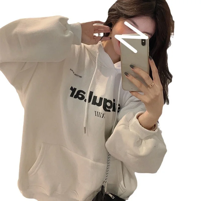 Fleece-lined Thickened Drawstring Hoodie Loose Letter Print Jacket Student Couple Clothes Hoodie with Stripes Bold Sporty Fleece-lined Thickened Drawstring Hoodie Loose Letter Print Jacket Student Couple Clothes Hoodie with Stripes Bold Sporty