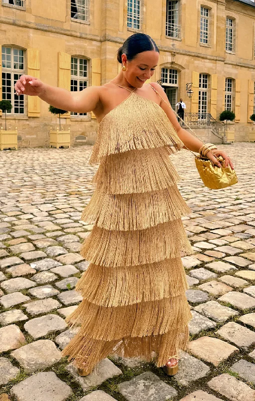Gatsby Maxi Dress ~ Gold Rush Fringe Casual Maxi Dress with Pockets