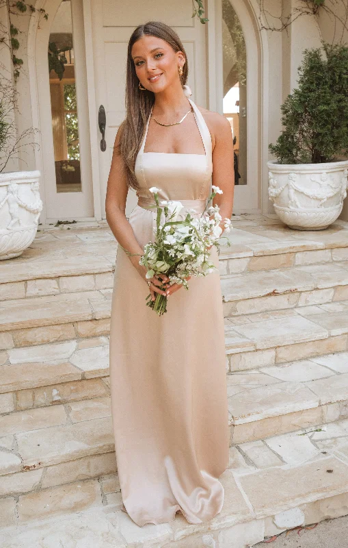 Hazel Halter Maxi Dress ~ Champagne Luxe Satin Elegant Maxi Dress with Ruffles