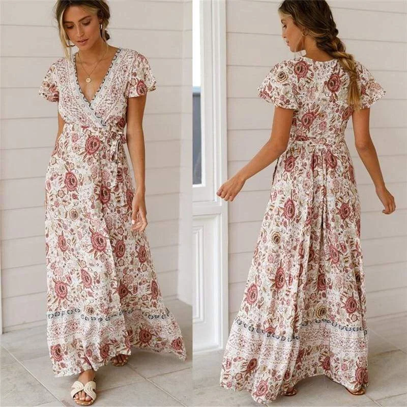 FashionSierra - Holiday Long Dress Women's Boho Dresses Lady Boho Floral V-neck Long Maxi Dress Summer Beachwear Sundress Fashionable Faux Wrap Maxi Dress FashionSierra - Holiday Long Dress Women's Boho Dresses Lady Boho Floral V-neck Long Maxi Dress Summer Beachwear Sundress Fashionable Faux Wrap Maxi Dress