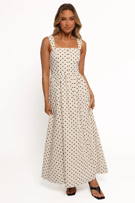 Jenni Maxi Dress - White Polka Dot Trendy Maxi Dress with Belt
