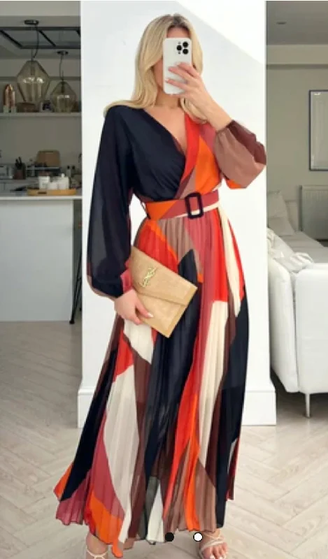 MULTI PATTERNED PLEATED LONG SLEEVE MAXI DRESS -Black Stylish Off-Shoulder Maxi Dress MULTI PATTERNED PLEATED LONG SLEEVE MAXI DRESS -Black Stylish Off-Shoulder Maxi Dress
