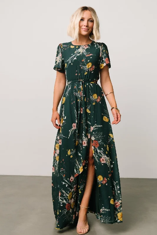 Naomi Short Sleeve Maxi Dress | Dark Green Floral Stylish Maxi Dress with Frills