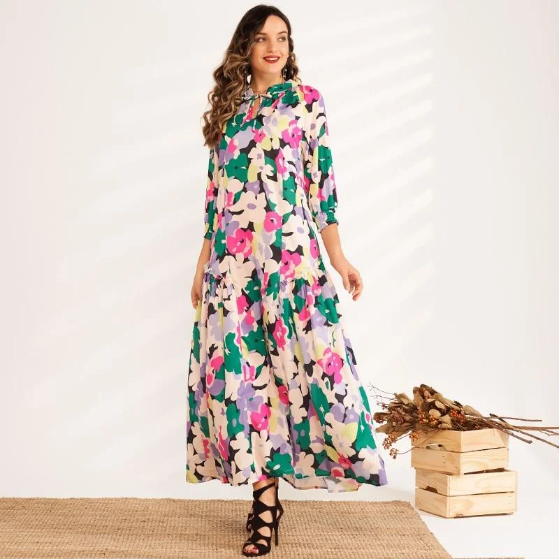 FashionSierra - New Summer Maxi Dress Women Multicolor Floral Printing 3/4 Sleeve Bow Tie Collar A-line Bohemian Elegant Holiday Style Robe Fashionable Chiffon Maxi Dress FashionSierra - New Summer Maxi Dress Women Multicolor Floral Printing 3/4 Sleeve Bow Tie Collar A-line Bohemian Elegant Holiday Style Robe Fashionable Chiffon Maxi Dress