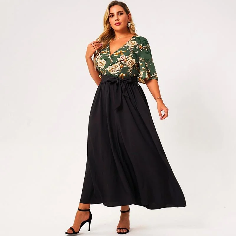FashionSierra - Summer Maxi Dress Women Plus Size Green And Black Loose Floral Print Belt Half Sleeve V-neck Holiday Casual Large Robes Classic A-Line Maxi Dress FashionSierra - Summer Maxi Dress Women Plus Size Green And Black Loose Floral Print Belt Half Sleeve V-neck Holiday Casual Large Robes Classic A-Line Maxi Dress