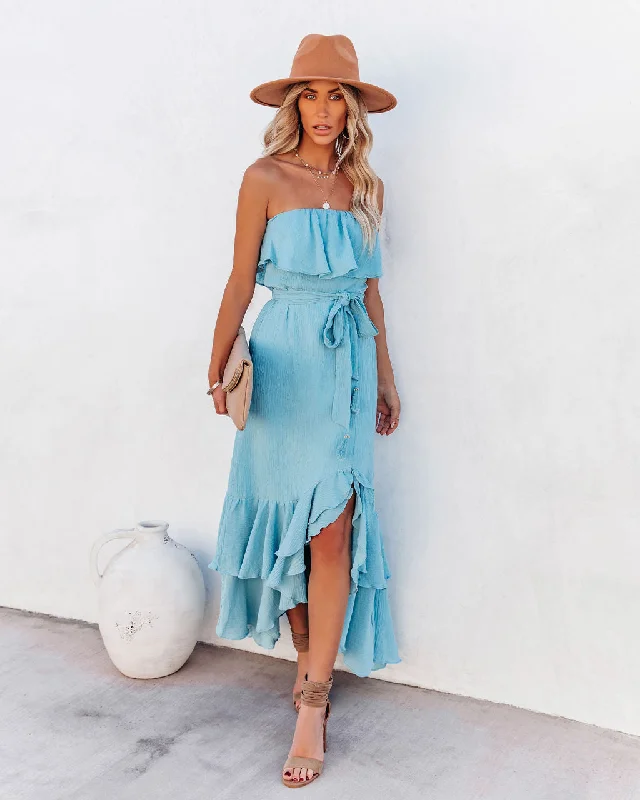 Rosemont Cotton Linen Strapless High Low Maxi Dress - Blue Elegant Sleeveless Maxi Dress Rosemont Cotton Linen Strapless High Low Maxi Dress - Blue Elegant Sleeveless Maxi Dress