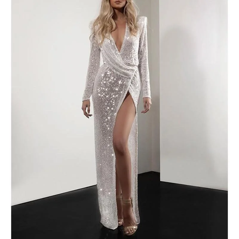 FashionSierra - Ruched desiged sequined dress women long sleeve party dress Elegant split long maxi dresses autumn sequin robe femme Cozy Open-Back Maxi Dress FashionSierra - Ruched desiged sequined dress women long sleeve party dress Elegant split long maxi dresses autumn sequin robe femme Cozy Open-Back Maxi Dress