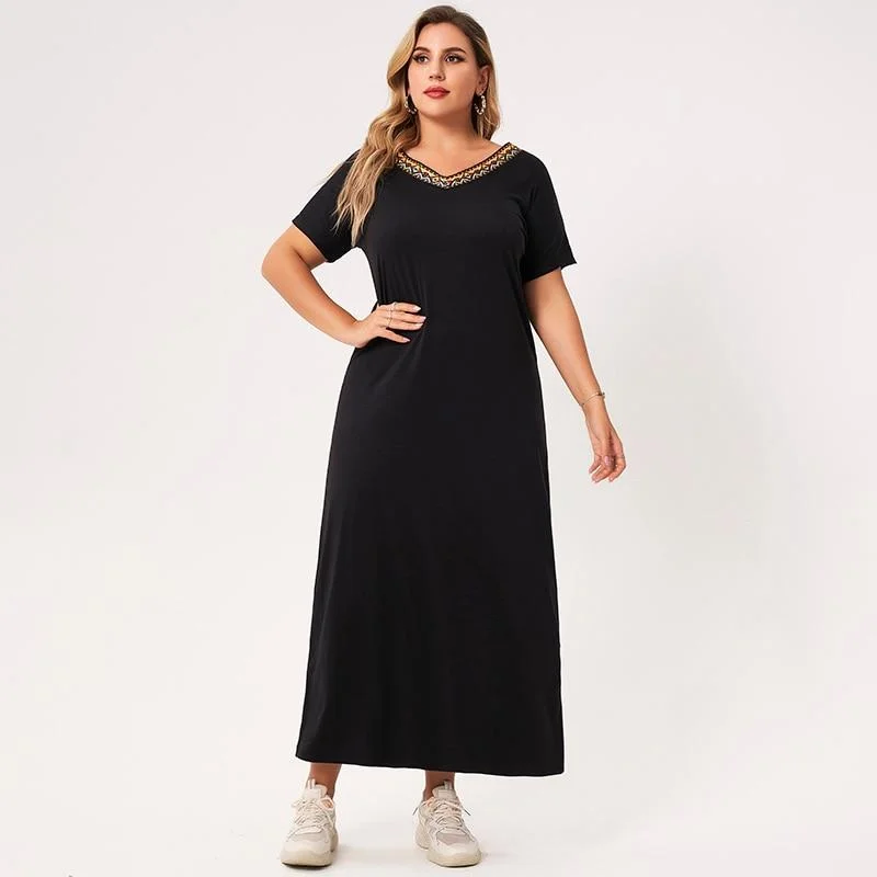 FashionSierra - Summer Long Dress Plus Size Women Black Solid Color Webbing V-neck Short-sleeved Loose Casual Party Large Maxi Dresses Stylish Empire Waist Maxi Dress FashionSierra - Summer Long Dress Plus Size Women Black Solid Color Webbing V-neck Short-sleeved Loose Casual Party Large Maxi Dresses Stylish Empire Waist Maxi Dress