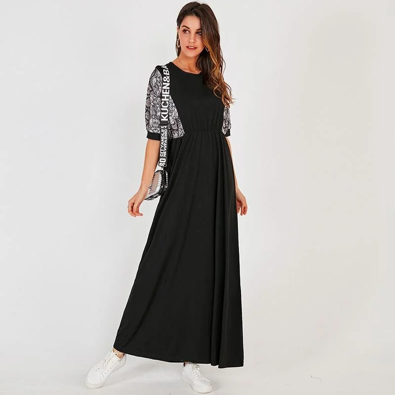 FashionSierra - Summer New Women Long Dress Black Casual Fashion Snake Print Stitching Elastic Waist O-neck Half Sleeve Maxi Dresses Robe Fashionable Halter Neck Maxi Dress FashionSierra - Summer New Women Long Dress Black Casual Fashion Snake Print Stitching Elastic Waist O-neck Half Sleeve Maxi Dresses Robe Fashionable Halter Neck Maxi Dress