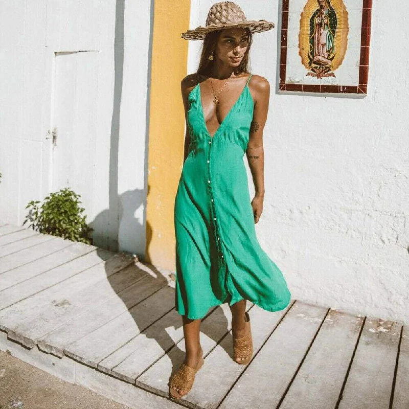 FashionSierra - Vintage Women Boho Long Maxi Dress Sexy Ladies V-Neck Backless Summer Beach Strappy Party Casual Button Sundress Fashionable Sheer Maxi Dress FashionSierra - Vintage Women Boho Long Maxi Dress Sexy Ladies V-Neck Backless Summer Beach Strappy Party Casual Button Sundress Fashionable Sheer Maxi Dress