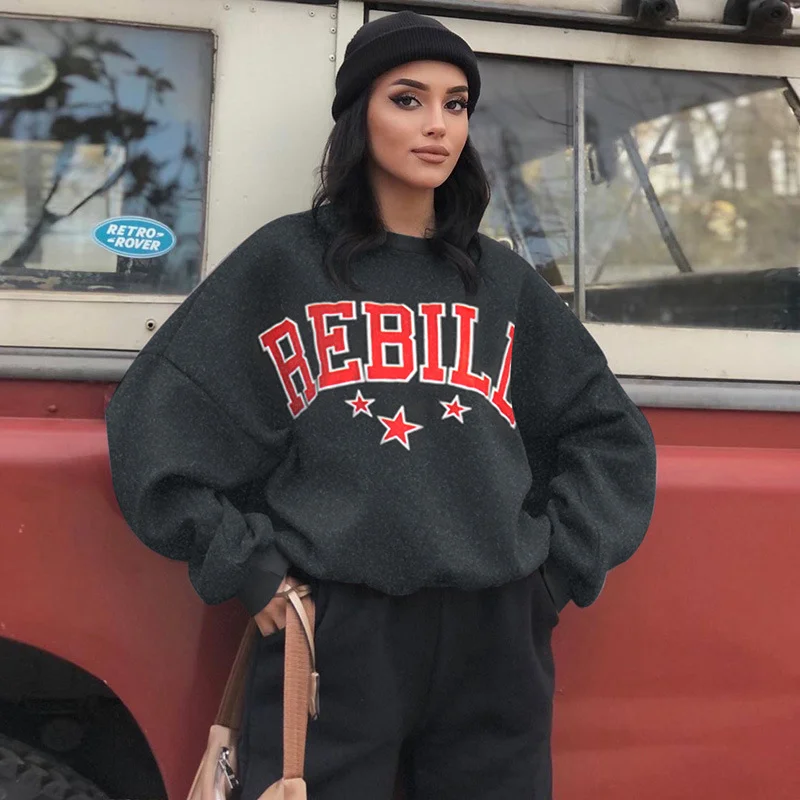 Winter Women Casual Letter Star Printing Round Neck Loose Long Sleeve Sweatshirt Hoodie with Mesh Breathable Sporty Winter Women Casual Letter Star Printing Round Neck Loose Long Sleeve Sweatshirt Hoodie with Mesh Breathable Sporty