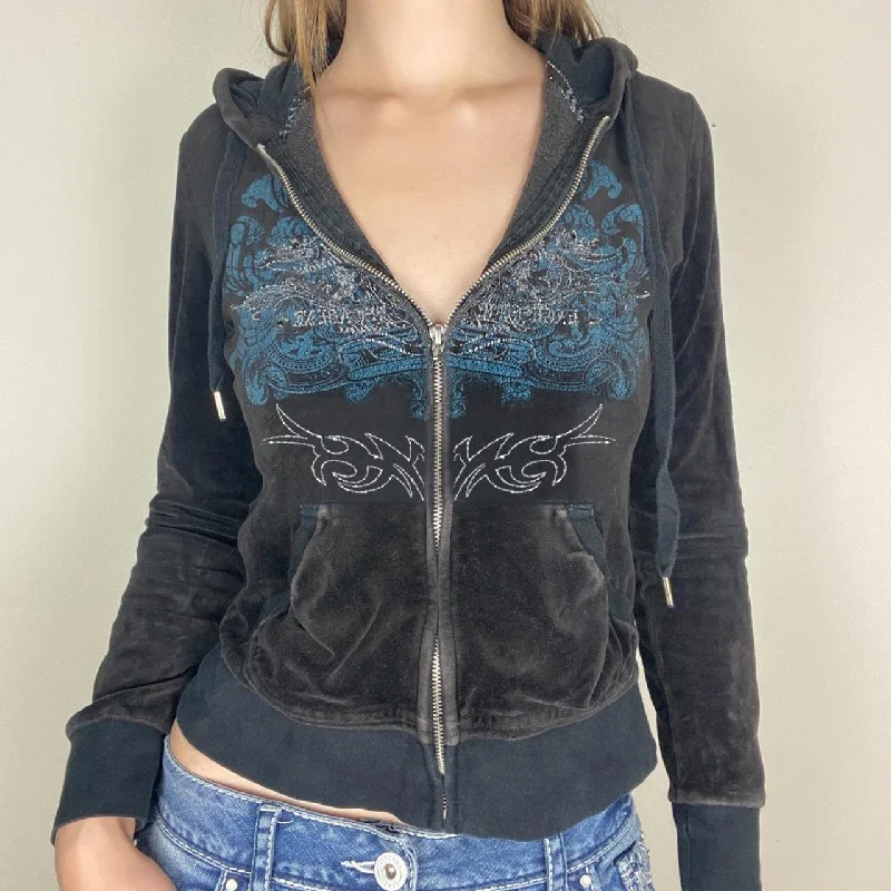 Women Autumn Winter Casual Printed Rhinestone Zipper Velvet Hoodie Hoodie with Raw Hem Edgy Unfinished Women Autumn Winter Casual Printed Rhinestone Zipper Velvet Hoodie Hoodie with Raw Hem Edgy Unfinished