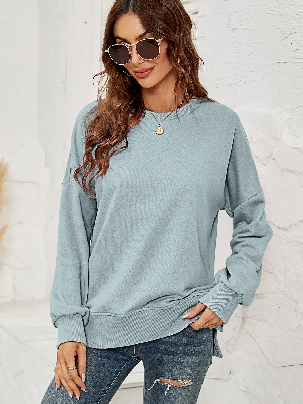 Women Autumn Winter Round Neck Long Sleeve Solid Basic Sweatshirt Hoodie with Back Slit Movement Comfort Women Autumn Winter Round Neck Long Sleeve Solid Basic Sweatshirt Hoodie with Back Slit Movement Comfort