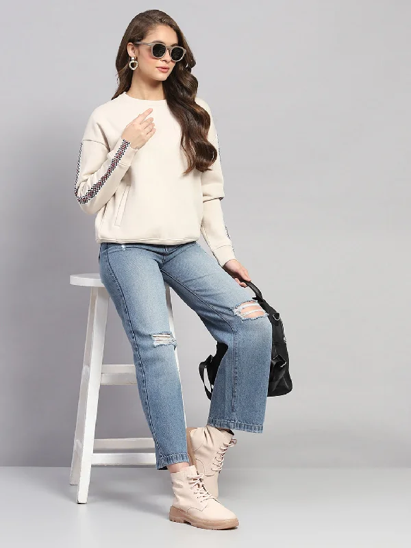 Women Beige Printed Round Neck Full Sleeve Sweatshirt Hoodie with Color Block Contrast Stylish Women Beige Printed Round Neck Full Sleeve Sweatshirt Hoodie with Color Block Contrast Stylish