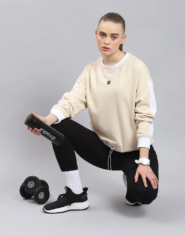 Women Beige Solid Round Neck Full Sleeve Sweatshirt Hoodie with Full-Zip Functional Layering Women Beige Solid Round Neck Full Sleeve Sweatshirt Hoodie with Full-Zip Functional Layering