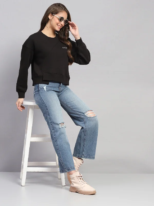 Women Black Printed Round Neck Full Sleeve Sweatshirt Hoodie with Pastel Soft Subtle Women Black Printed Round Neck Full Sleeve Sweatshirt Hoodie with Pastel Soft Subtle