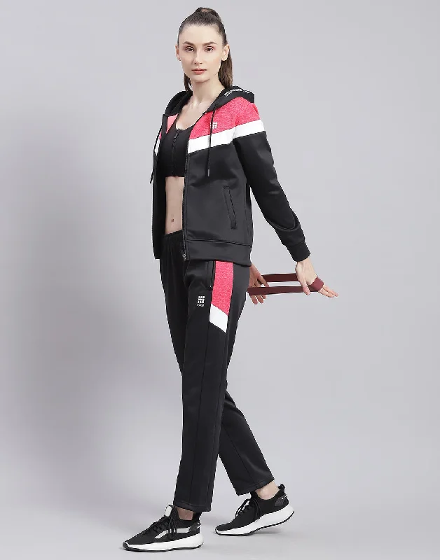 Women Black Solid Hooded Full Sleeve Tracksuit Hoodie with Rolled Sleeves Casual Relaxed Women Black Solid Hooded Full Sleeve Tracksuit Hoodie with Rolled Sleeves Casual Relaxed