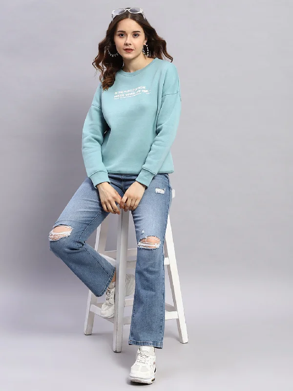 Women Blue Printed Round Neck Full Sleeve Sweatshirt Hoodie with Ribbed Hem Stretchable Secure Women Blue Printed Round Neck Full Sleeve Sweatshirt Hoodie with Ribbed Hem Stretchable Secure