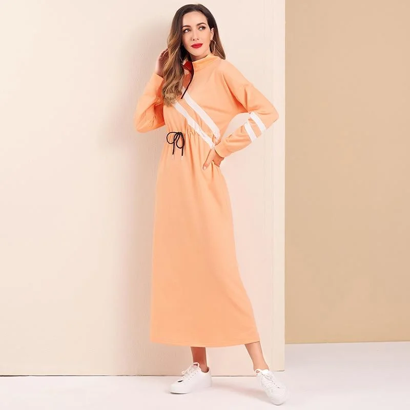 FashionSierra - Women Casual Dress Zip Half Placket Contrast Striped Drawstring Detail Dress Long Sleeve Maxi Dresses Autumn Chic Button-Up Maxi Dress FashionSierra - Women Casual Dress Zip Half Placket Contrast Striped Drawstring Detail Dress Long Sleeve Maxi Dresses Autumn Chic Button-Up Maxi Dress