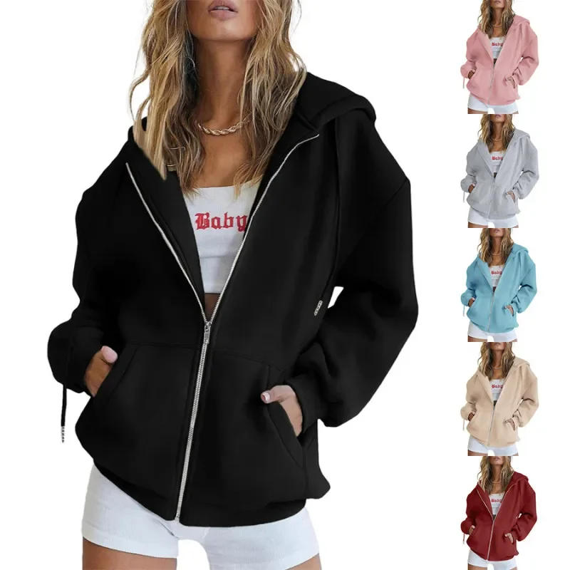 (Buy 1 Get 1) Women Casual Loose Zipper Long Sleeve Hooded Sweatshirt Jacket Hoodie with Hem Raw Edge Edgy Unfinished (Buy 1 Get 1) Women Casual Loose Zipper Long Sleeve Hooded Sweatshirt Jacket Hoodie with Hem Raw Edge Edgy Unfinished