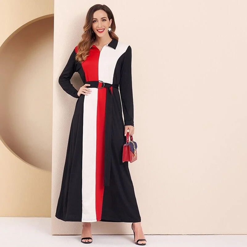 FashionSierra - Women Dress Office Lady Elegant Color Block Turn-down Collar Long Sleeve Belted Maxi Dress Trendy Maxi Dress with Straps FashionSierra - Women Dress Office Lady Elegant Color Block Turn-down Collar Long Sleeve Belted Maxi Dress Trendy Maxi Dress with Straps
