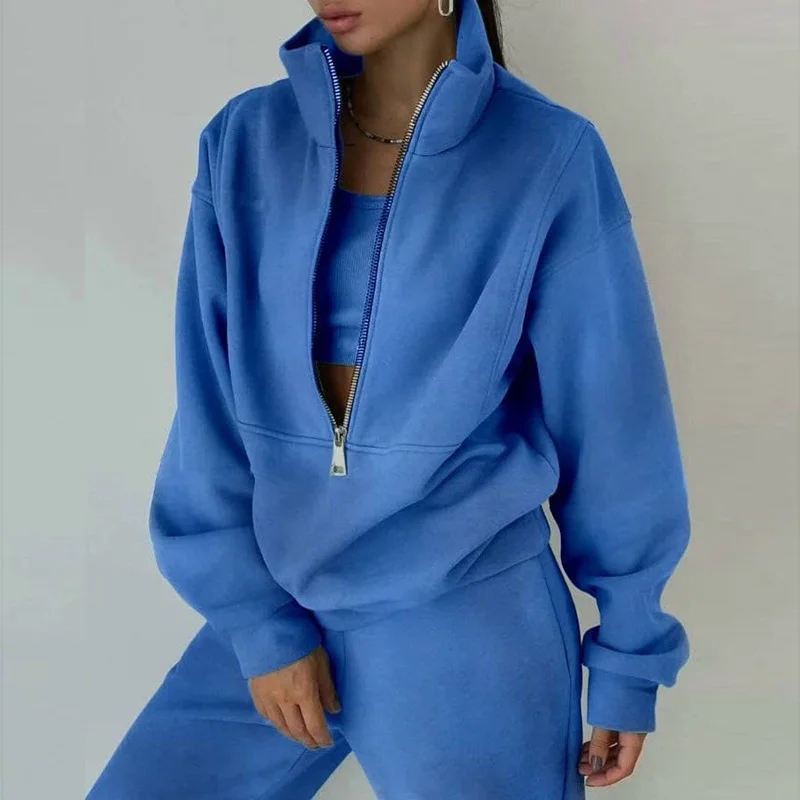 Women Fashion Casual Solid Color Stand Collar Zipper Long Sleeve Sweatshirts Defined Waist Pants 2pcs Set Hoodie with Illustration Artistic Creative Women Fashion Casual Solid Color Stand Collar Zipper Long Sleeve Sweatshirts Defined Waist Pants 2pcs Set Hoodie with Illustration Artistic Creative