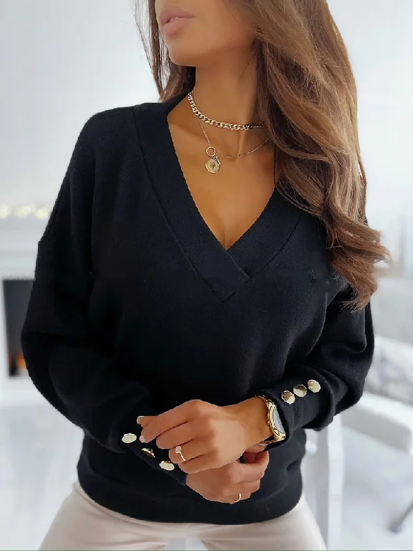 Women Fashion Simple Solid Color Long-Sleeved V-Neck Button Sweatshirt Hoodie with Ribbed Cuffs Snug Fit Comfort Women Fashion Simple Solid Color Long-Sleeved V-Neck Button Sweatshirt Hoodie with Ribbed Cuffs Snug Fit Comfort