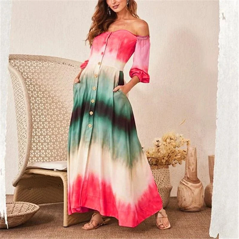 FashionSierra - Women Gradation Color Off Shoulder Long Dress Single Breasted Long Sleeve Maxi Dress with Pocket Casual Summer Beach Robe Femme Cozy Ruffle Sleeve Maxi Dress FashionSierra - Women Gradation Color Off Shoulder Long Dress Single Breasted Long Sleeve Maxi Dress with Pocket Casual Summer Beach Robe Femme Cozy Ruffle Sleeve Maxi Dress