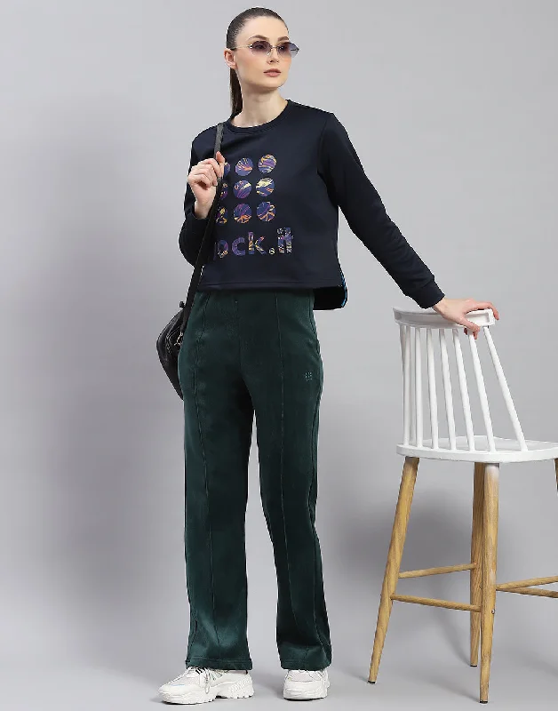 Women Navy Blue Printed Round Neck Full Sleeve Sweatshirt Hoodie with Pocket Utility Practical Women Navy Blue Printed Round Neck Full Sleeve Sweatshirt Hoodie with Pocket Utility Practical