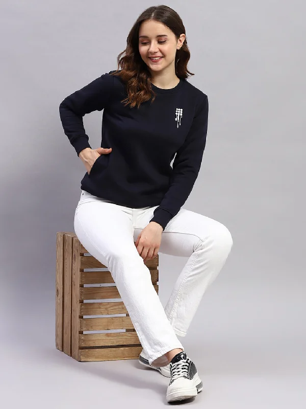 Women Navy Blue Printed Round Neck Full Sleeve Sweatshirt Hoodie with Drop Shoulder Relaxed Streetwear Women Navy Blue Printed Round Neck Full Sleeve Sweatshirt Hoodie with Drop Shoulder Relaxed Streetwear