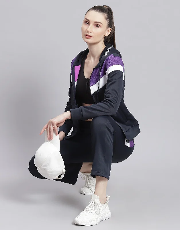 Women Navy Blue Solid Hooded Full Sleeve Tracksuit Hoodie with Button Placket Classic Preppy Women Navy Blue Solid Hooded Full Sleeve Tracksuit Hoodie with Button Placket Classic Preppy