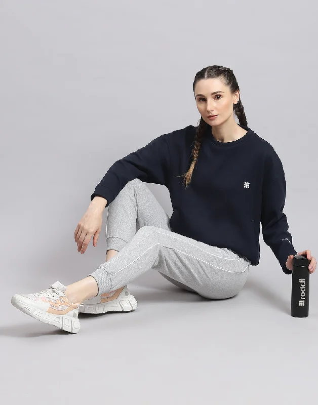 Women Navy Blue Solid Round Neck Full Sleeve Sweatshirt Cotton Hoodie Fleece Lining Warmth Women Navy Blue Solid Round Neck Full Sleeve Sweatshirt Cotton Hoodie Fleece Lining Warmth
