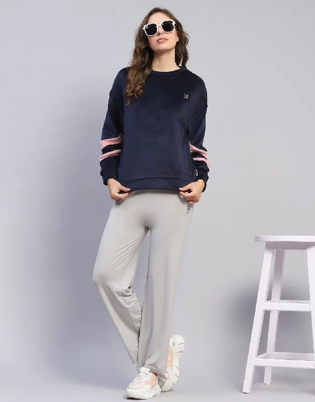 Women Navy Blue Solid Round Neck Full Sleeve Sweatshirt Hoodie with Embroidery Detailed Premium Women Navy Blue Solid Round Neck Full Sleeve Sweatshirt Hoodie with Embroidery Detailed Premium