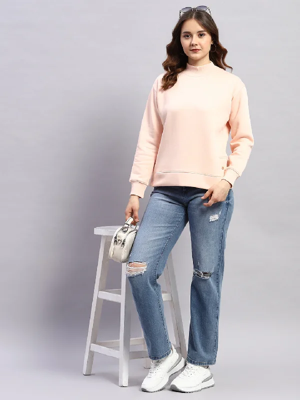Women Peach Solid High Neck Full Sleeve Sweatshirt Hoodie with Frayed Bohemian Relaxed Women Peach Solid High Neck Full Sleeve Sweatshirt Hoodie with Frayed Bohemian Relaxed