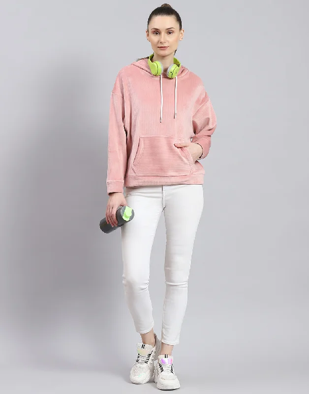 Women Peach Solid Hooded Full Sleeve Sweatshirt Hoodie with Patch Decorative Personalized Women Peach Solid Hooded Full Sleeve Sweatshirt Hoodie with Patch Decorative Personalized