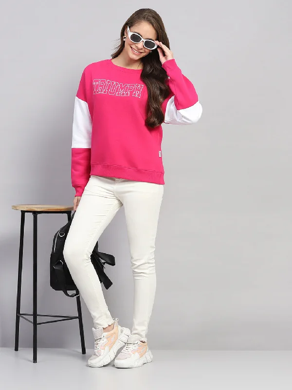 Women Pink Printed Round Neck Full Sleeve Sweatshirt Hoodie with Rhinestones Sparkly Elegant Women Pink Printed Round Neck Full Sleeve Sweatshirt Hoodie with Rhinestones Sparkly Elegant
