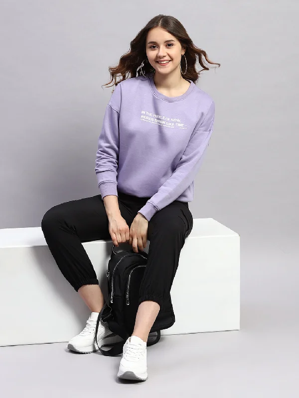 Women Purple Printed Round Neck Full Sleeve Sweatshirt Hoodie with Button Classic Timeless Women Purple Printed Round Neck Full Sleeve Sweatshirt Hoodie with Button Classic Timeless