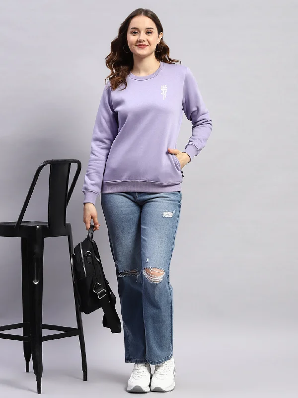 Women Purple Printed Round Neck Full Sleeve Sweatshirt Hoodie with Elastic Cuffs Stretchable Comfortable Women Purple Printed Round Neck Full Sleeve Sweatshirt Hoodie with Elastic Cuffs Stretchable Comfortable
