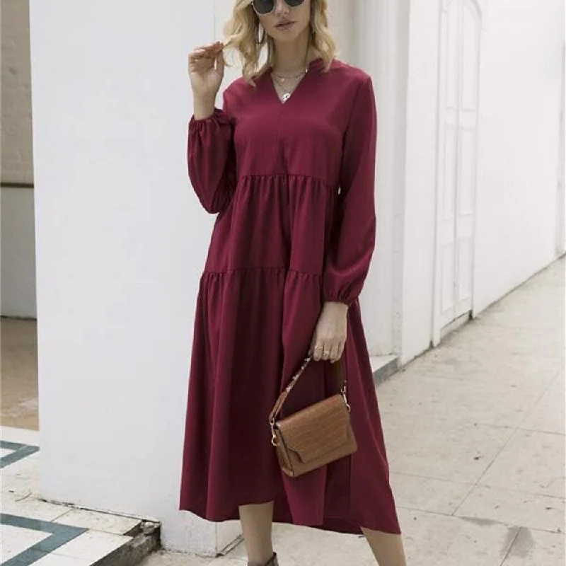 FashionSierra - Women Vintage Dress Autumn Boho Loose Long Sleeve Maxi Dress Ladies Holiday Party Kaftan Solid Long Shirt Dress Stylish Maxi Dress with Pleats FashionSierra - Women Vintage Dress Autumn Boho Loose Long Sleeve Maxi Dress Ladies Holiday Party Kaftan Solid Long Shirt Dress Stylish Maxi Dress with Pleats