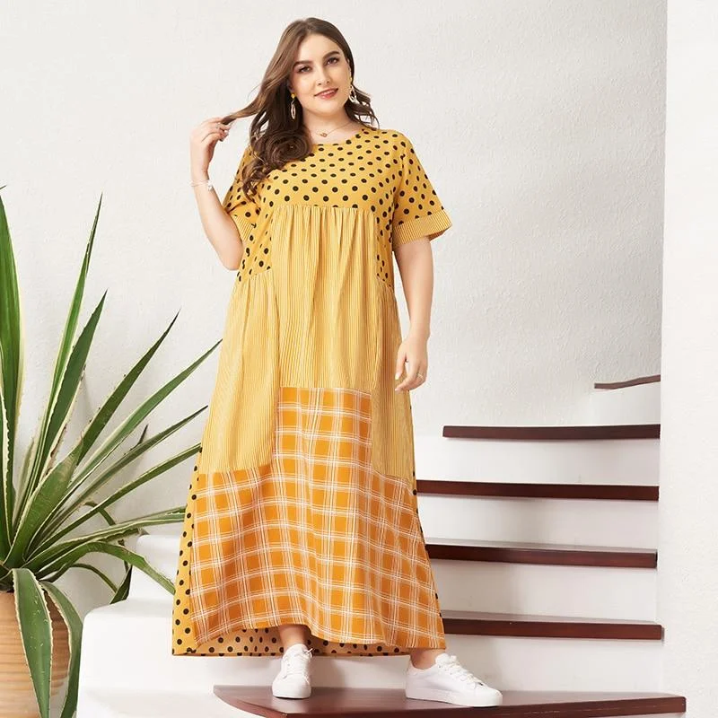 FashionSierra - Women's Summer Long Dress Loose Dot Striped Plaid Patchwork Maxi Dress Casual O Neck Short Sleeve Plus Size Dresses Elegant Maxi Dress with Belt FashionSierra - Women's Summer Long Dress Loose Dot Striped Plaid Patchwork Maxi Dress Casual O Neck Short Sleeve Plus Size Dresses Elegant Maxi Dress with Belt
