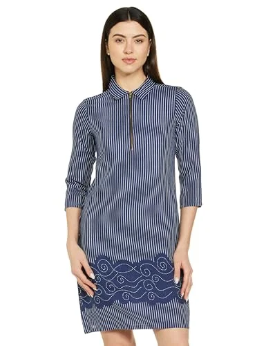 AND Women's Polyester A-Line Knee-Length Dress (RS19AP018DRP12_BLU/WHT_S)