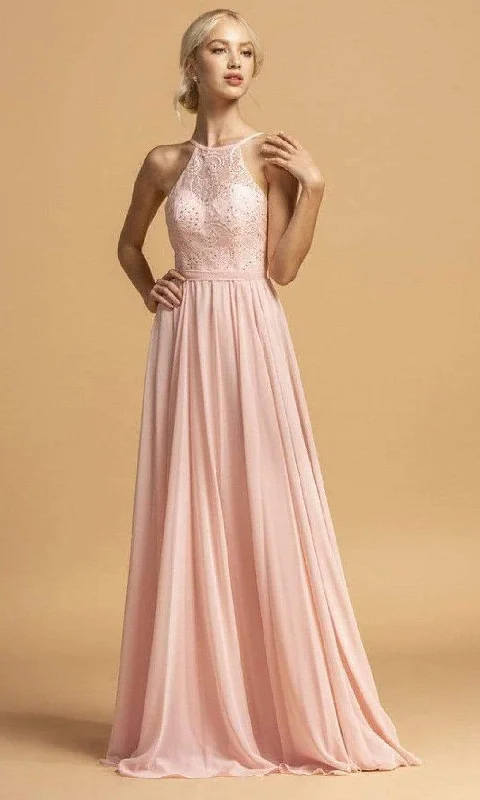 Aspeed Design - L2105 Embellished Halter Neck Chiffon Dress