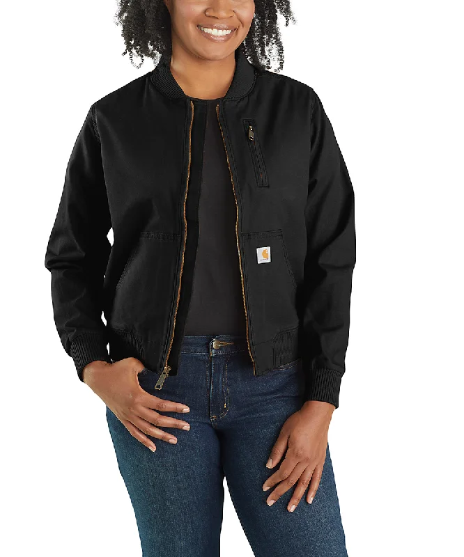 Carhartt Women's Canvas Bomber Jacket - Black Welt Pockets Slit Pockets Flap Pockets Carhartt Women's Canvas Bomber Jacket - Black Welt Pockets Slit Pockets Flap Pockets