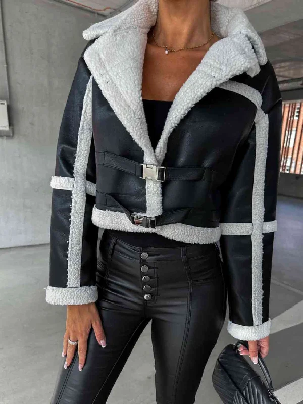 Sophisticated and Stylish: Collared Buckle Detail Jacket for Women Zip Front Button Front Snap Front Sophisticated and Stylish: Collared Buckle Detail Jacket for Women Zip Front Button Front Snap Front