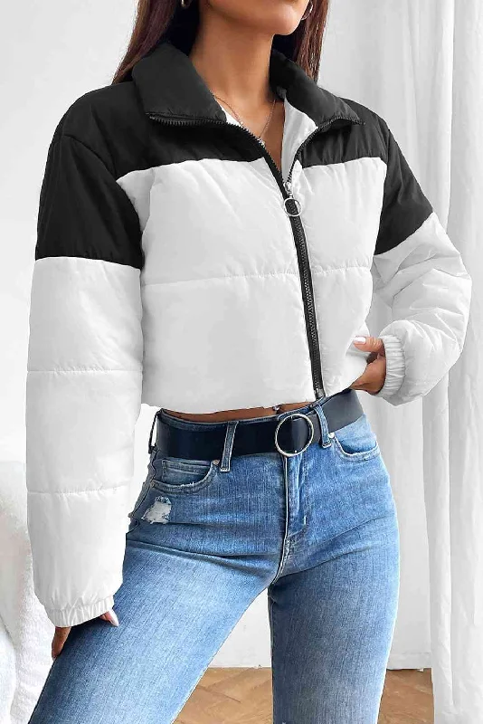 Fashionable and Warm: Collared Neck Color Block Women Puffer Jacket Bomber Jacket Anorak Windbreaker Fashionable and Warm: Collared Neck Color Block Women Puffer Jacket Bomber Jacket Anorak Windbreaker