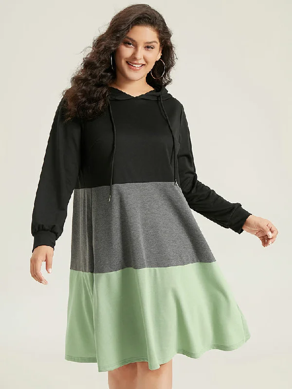 Colorblock Contrast Hooded Drawstring Dress