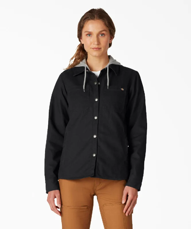Dickies Women's Duck Hooded Shirt Jacket - Black Cotton Fabric Linen Fabric Terry Fabric Dickies Women's Duck Hooded Shirt Jacket - Black Cotton Fabric Linen Fabric Terry Fabric