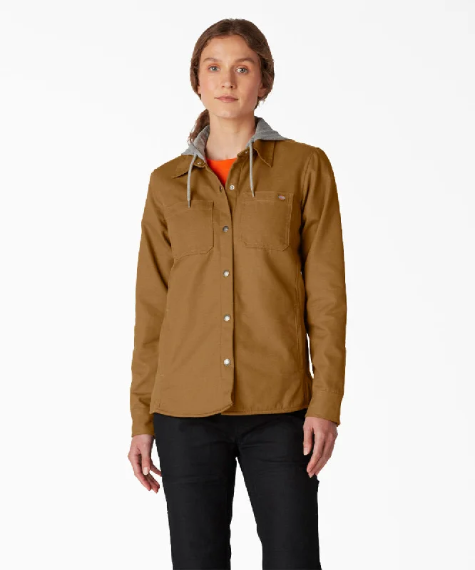 Dickies Women's Duck Hooded Shirt Jacket - Brown Duck Stand-Up Collar Roll-Neck Collar Turtle Neck Dickies Women's Duck Hooded Shirt Jacket - Brown Duck Stand-Up Collar Roll-Neck Collar Turtle Neck